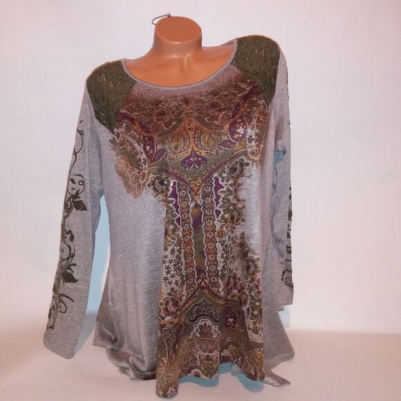 One World Knit Top Plus Size 1X Green Crochet Studded Bling Long Sleeve Boho - Picture 1 of 9